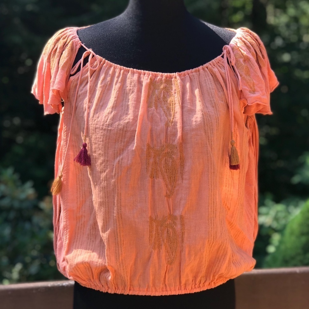Free People Pukka Embroidered Tassel Peasant Top S Coral
